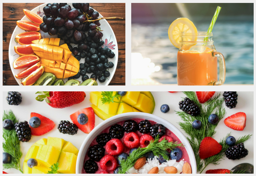 Collage of fruit dessert images: Platter of assorted fruits, Smoothie, Fruit salad (assorted fruits and a blend).