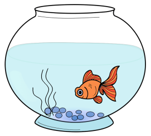 Cartoon drawing of a single goldfish in a bowl with a few decorative items.