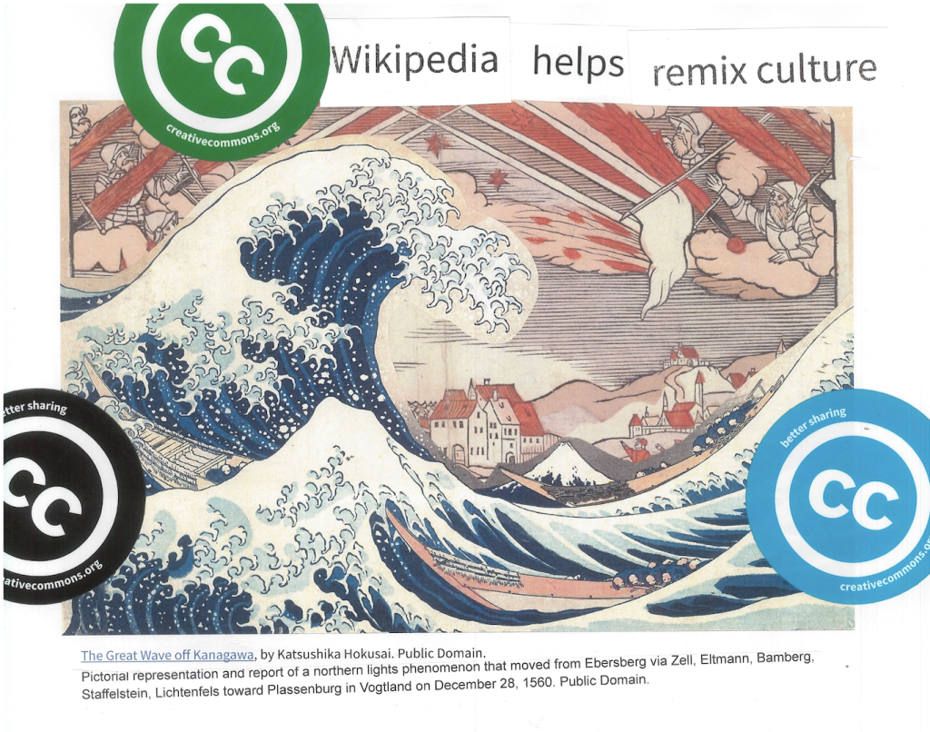 A remix of The Great wave of Kanawaga by Katsusika Hokusai and Pictorial representation and report of a northern lights phenomenon on December 28, 1560.