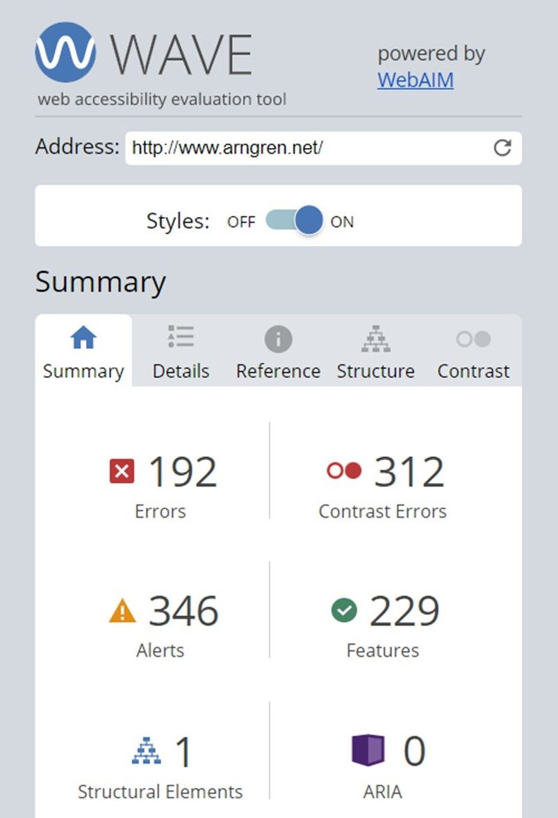 The check shows 192 errors, 312 contrast errors, 346 alerts, 229 features, 1 structural element and 0 ARIA