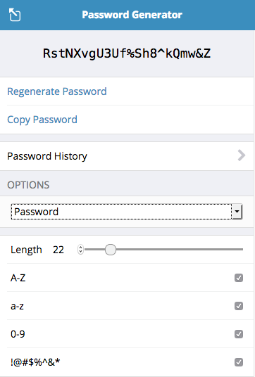 example password generated in the Password Generator. Allows you to select length, letters, characters and numbers