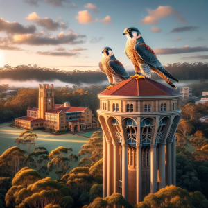 Image generated by Dall-E 3: Peregrine falcons perched on the water tower at the Orange NSW campus of Charles Sturt University.
