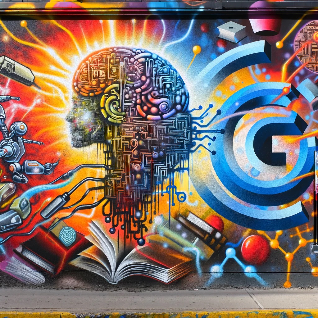 The generated images depict the interaction between artificial intelligence and copyright in the style of graffiti. Each mural showcases a blend of AI technology and copyright symbols, set against a backdrop of bright, contrasting colors to emphasize the dialogue between these concepts in a vibrant, street art style.
